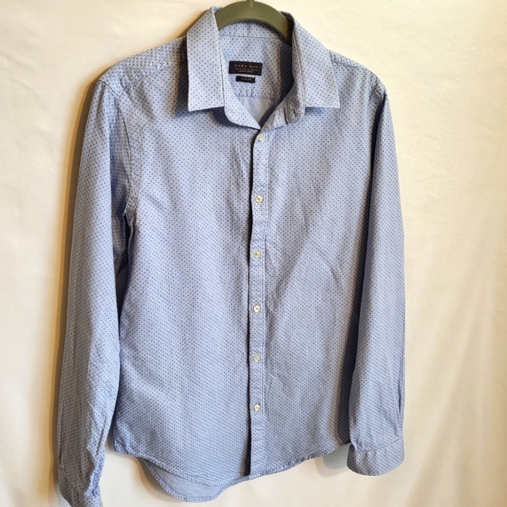 Zara Man slim cotton button down long sleeve collar  blue M medium pre-owned